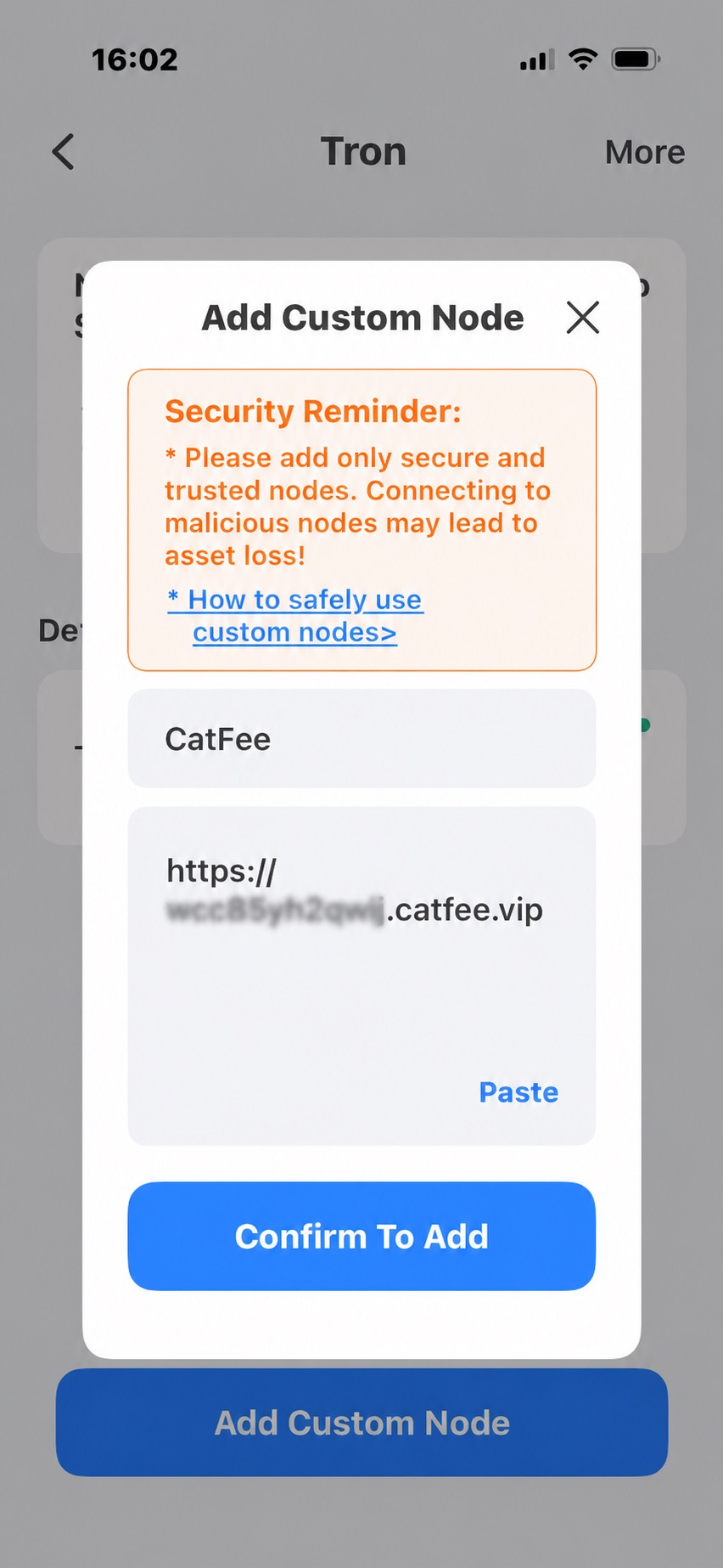 Add Custom Node dialog in the TokenPocket app