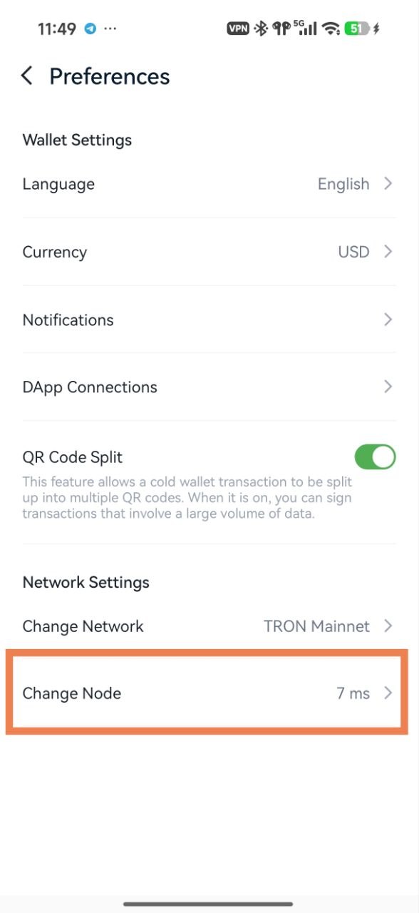 Change Node entry in TronLink app preferences