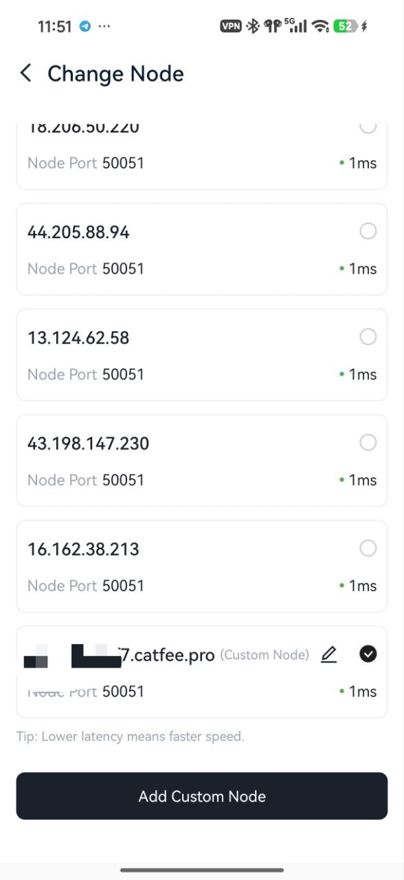 TronLink app node list after adding a CatFee node
