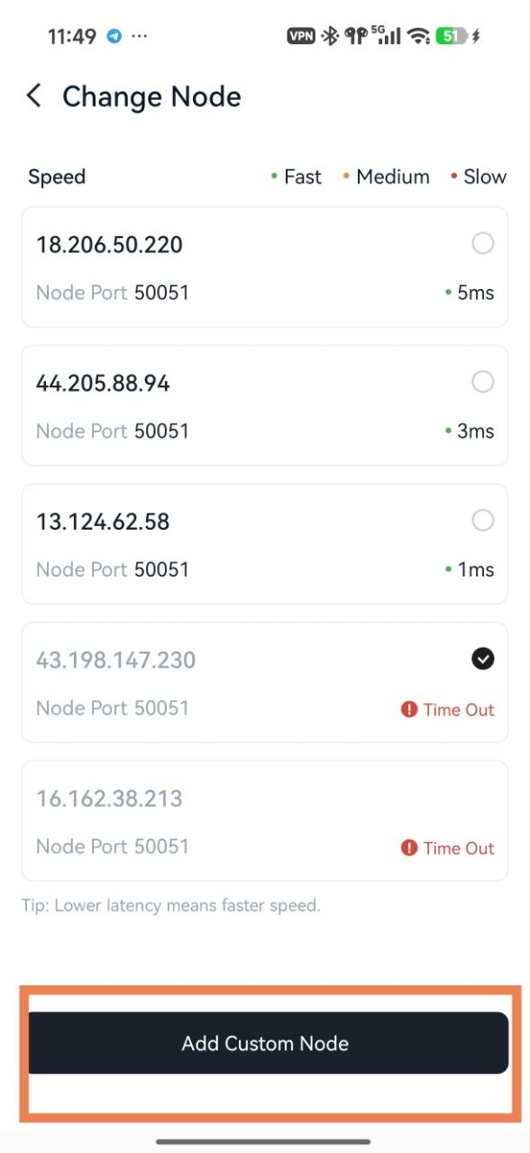 TronLink app Change Node page before adding a custom node